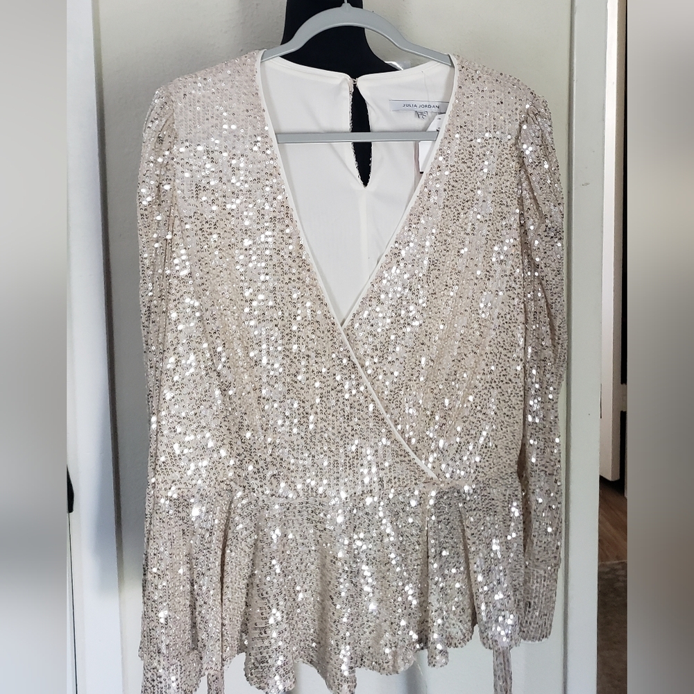 julia jordan Champagne Sequin Wrap Peplum Blouse With Belt